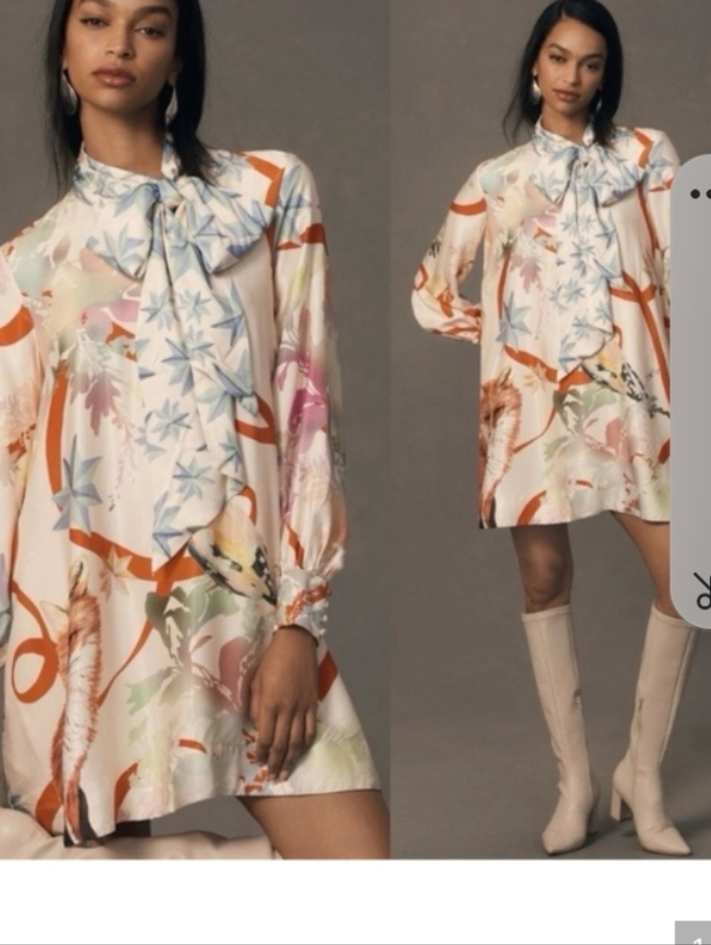Anthropologie Maeve Floral Tie-Neck Mini Dress in Cream, Orange & Blue Size M